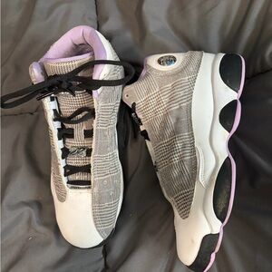 Jordan 13 Youth Gray Plaid Sneakers with Lavender Accent